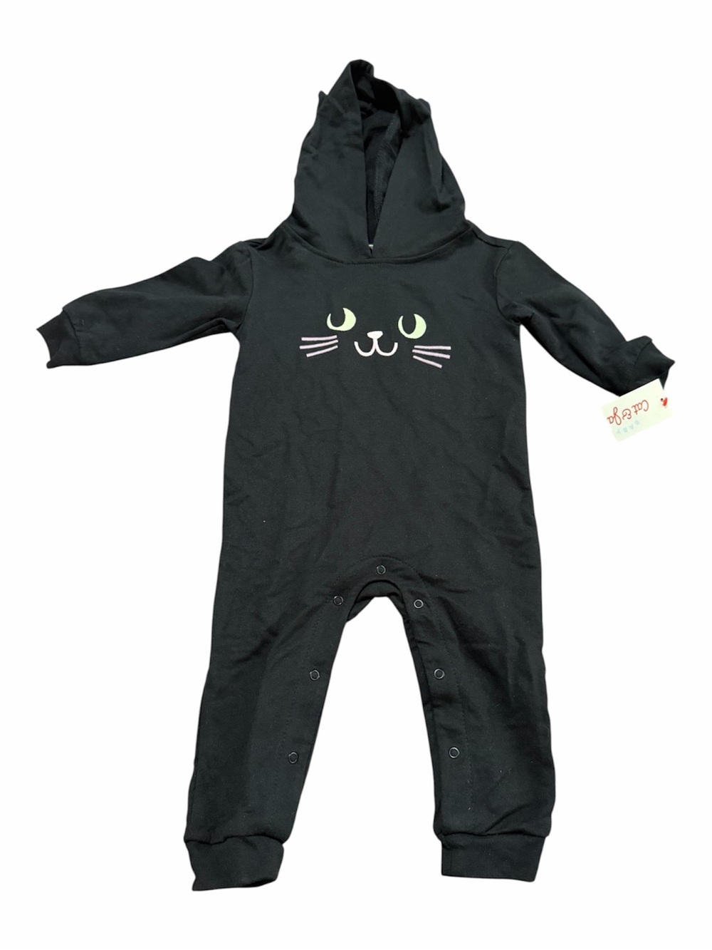 NWT Kids Black Cat Face Hooded with Ears One-Piece Romper Snaps 12 Months